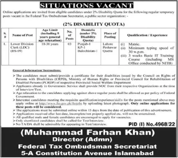 Federal Tax Ombusman Secretariat Islamabad Jobs 2023 – Federal Tax Ombudsman Secretariat Pakistan Islamabad Jobs 2023 — original advertisement