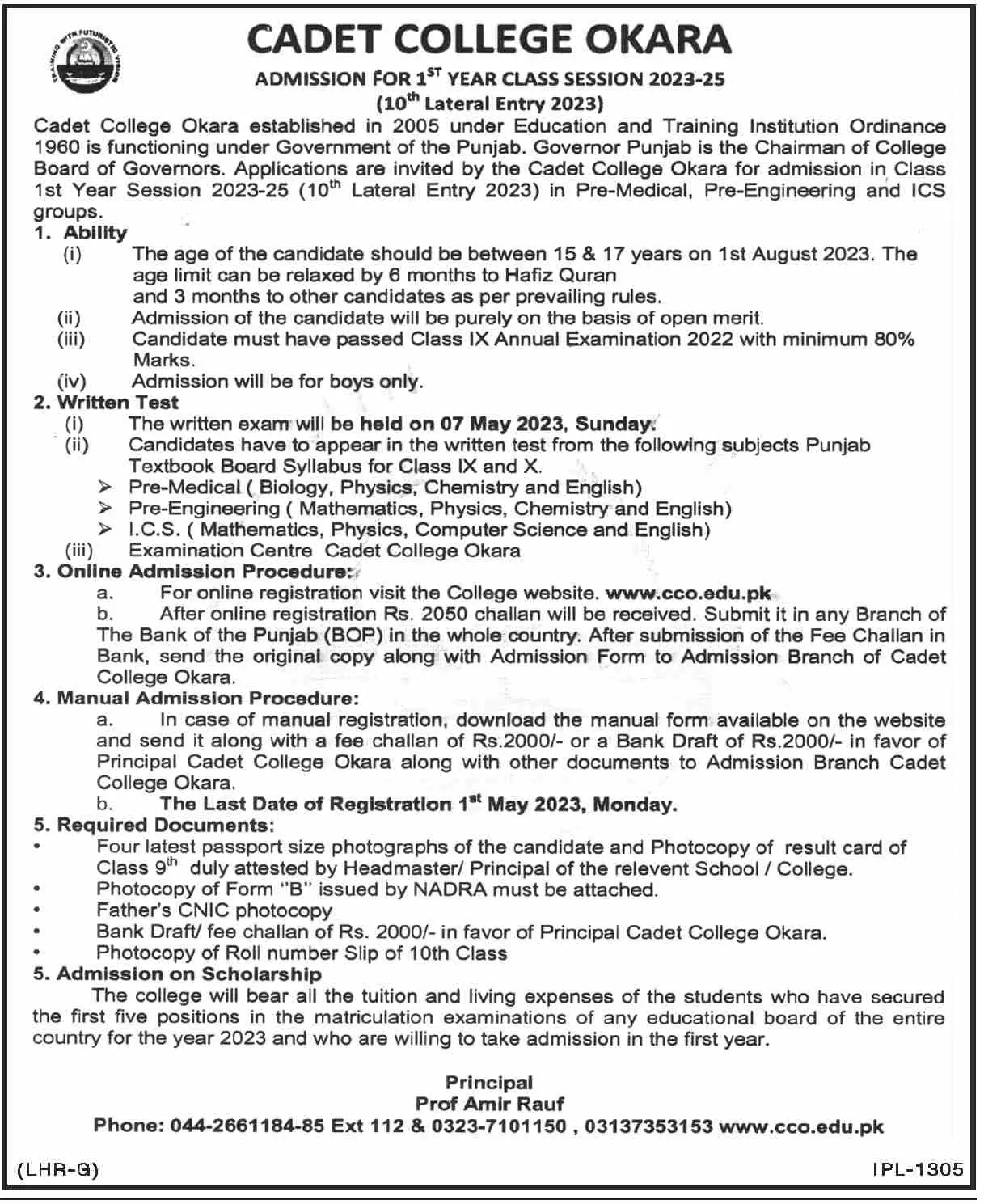 Cadet College okara Punjab Admissions 2023 Admissions 2023 — original advertisement