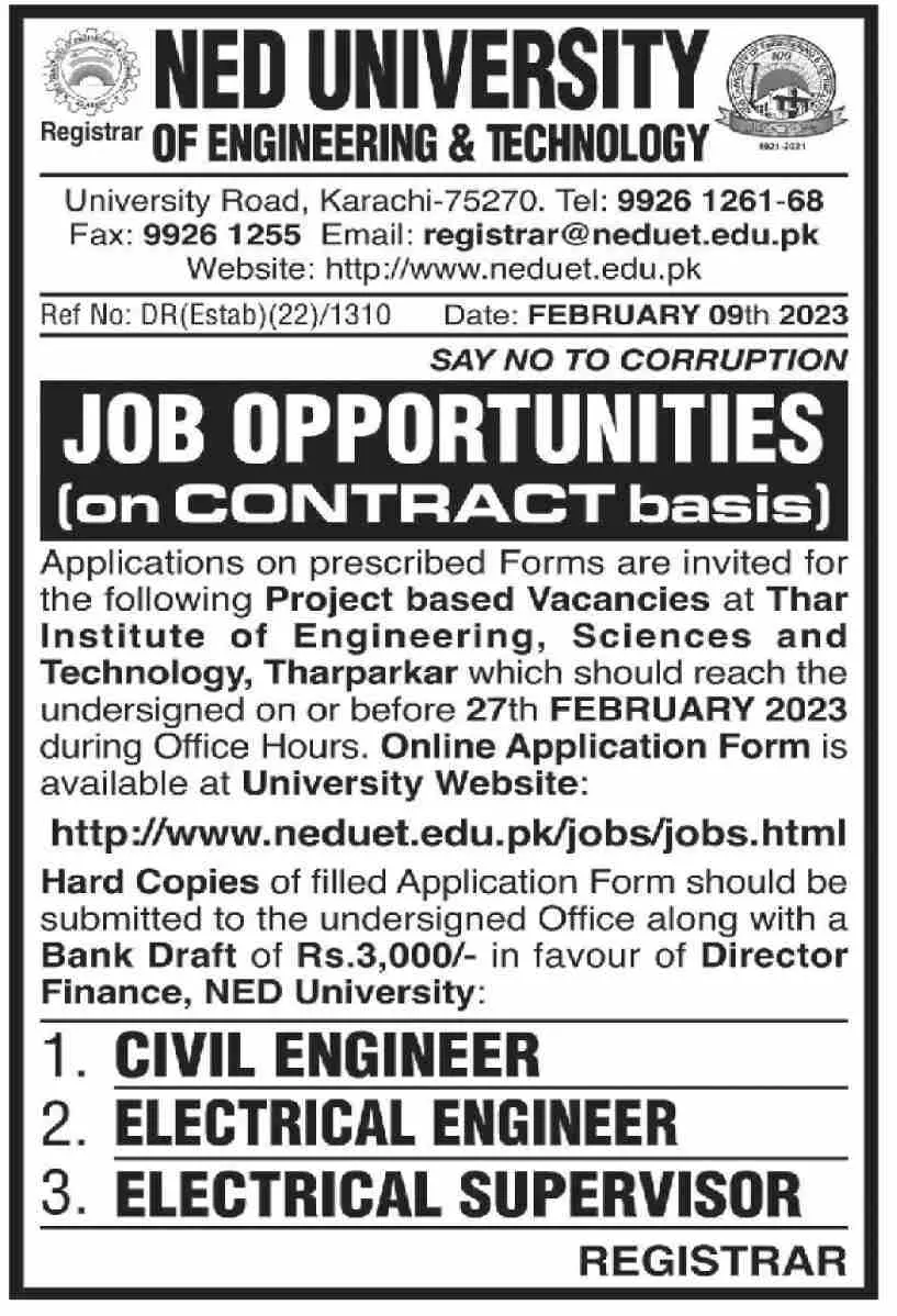 Ned University of Engineering and Technology Jobs 2023 Jobs 2023 — original advertisement