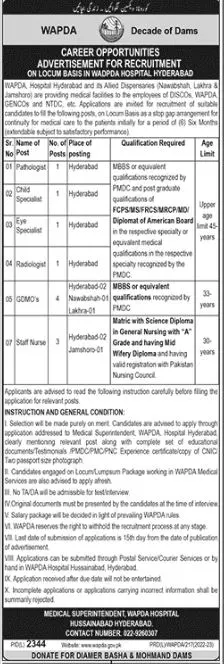 WAPDA hospital Hyderabad Jobs 2023 – Water and Power Development Authority Jobs 2023 — original advertisement