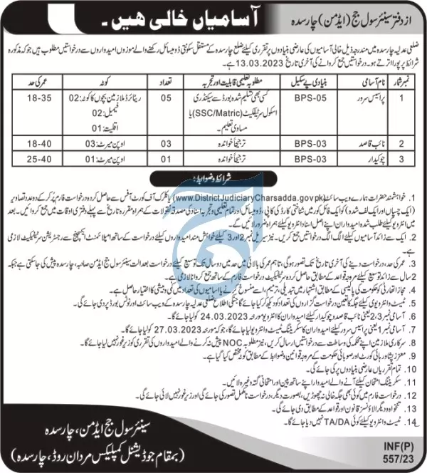 Central Civil Judge Charsada Khyber Pakhtunkhwa Jobs 2023 – District & Session Judge Jobs 2023 — original advertisement