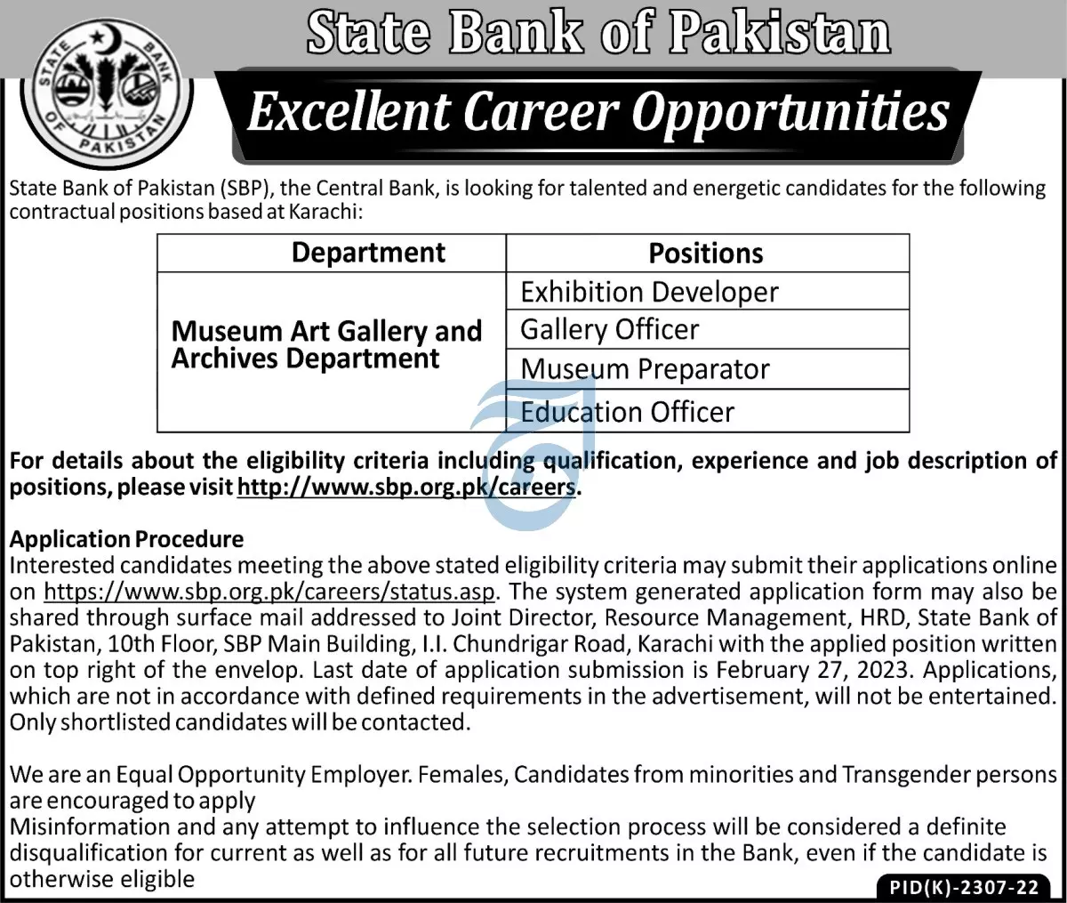 State Bank of Pakistan Karachi Jobs 2023 Jobs 2023 — original advertisement