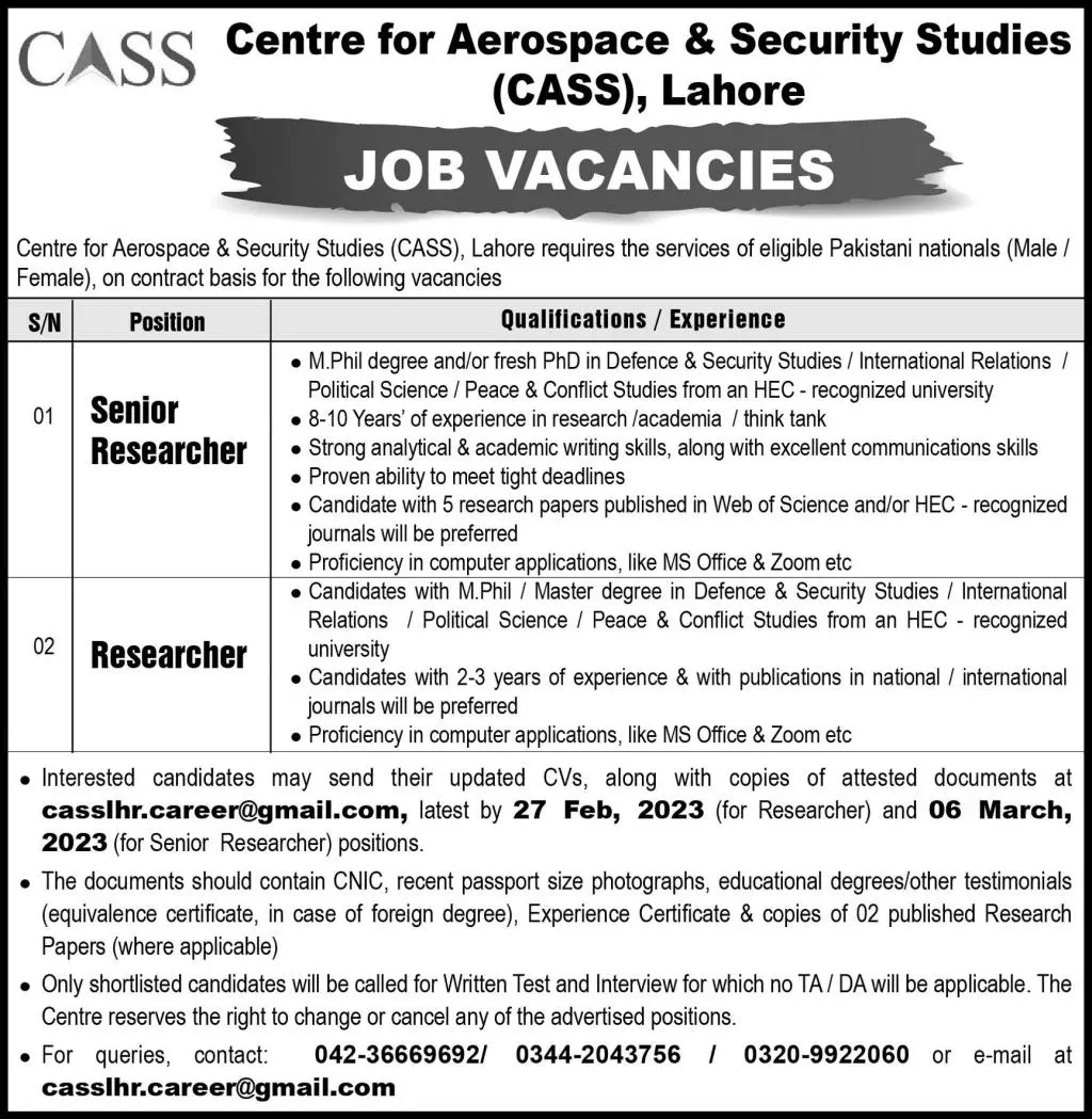 Centre for Aerospace and Security Studies CASS Jobs 2023 – Private Company Jobs 2023 — original advertisement