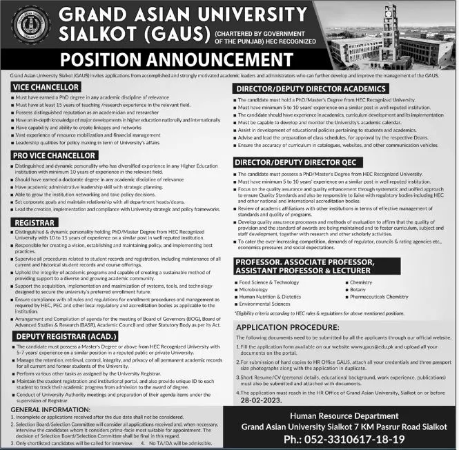 Grand Asian University Sialkot Jobs 2023 Jobs 2023 — original advertisement