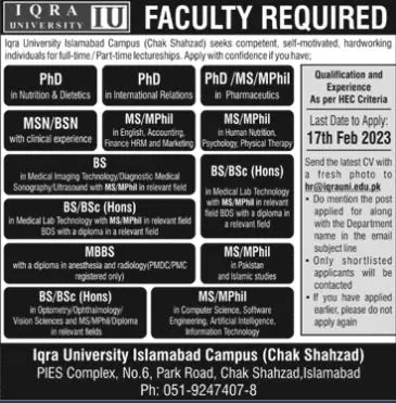 IQRA University Islamabad Campus Jobs 2023 Jobs 2023 — original advertisement