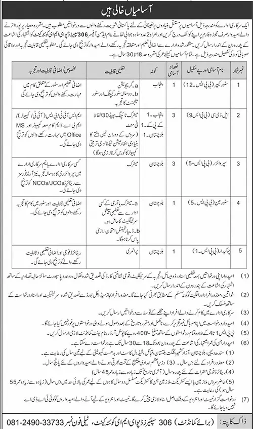306 Spares Depo EME Quetta Cantt Jobs 2023 – Pakistan Army Jobs 2023 — original advertisement