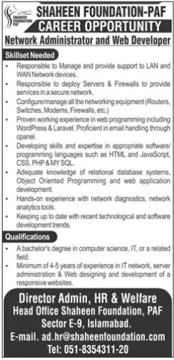 Shaheed Foundation PAF Islamabad Jobs 2023 – Public Sector Organization Jobs 2023 — original advertisement