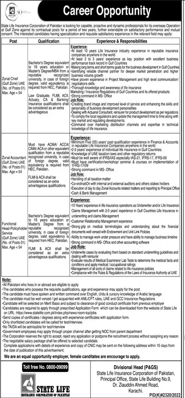 State Life Insurance Corporation Jobs 2023 – State Life Insurance Corporation of Pakistan Jobs 2023 — original advertisement