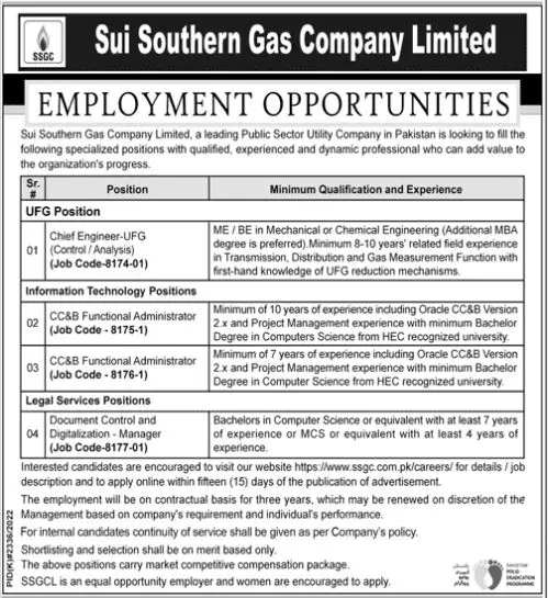 Sui Southern Gas Company Limited Jobs 2023 Jobs 2023 — original advertisement