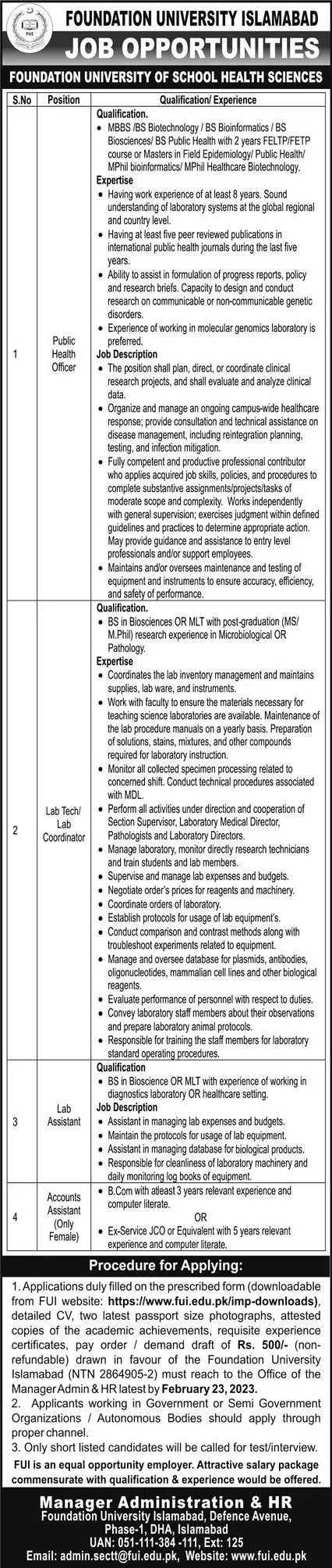 Foundation University Islamabad Jobs 2023 Jobs 2023 — original advertisement