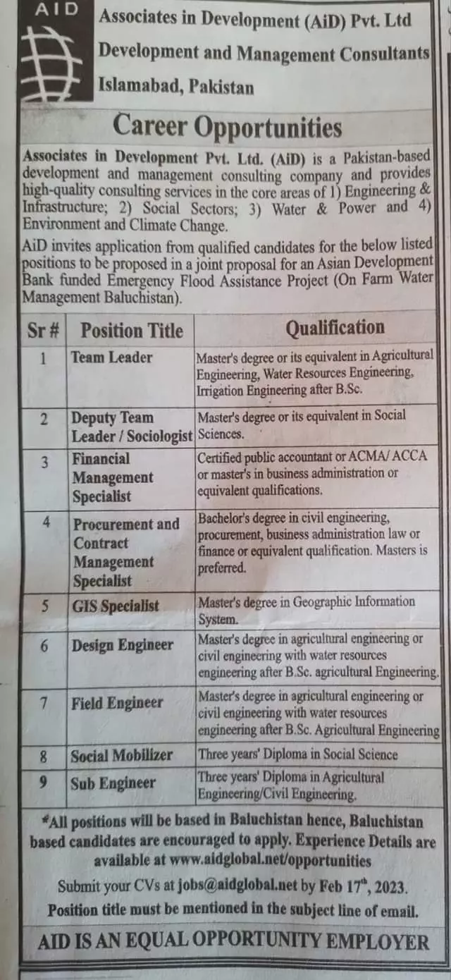 Associate In Development Pvt Ltd AID Balochistan Jobs 2023 – Private Company Jobs 2023 — original advertisement