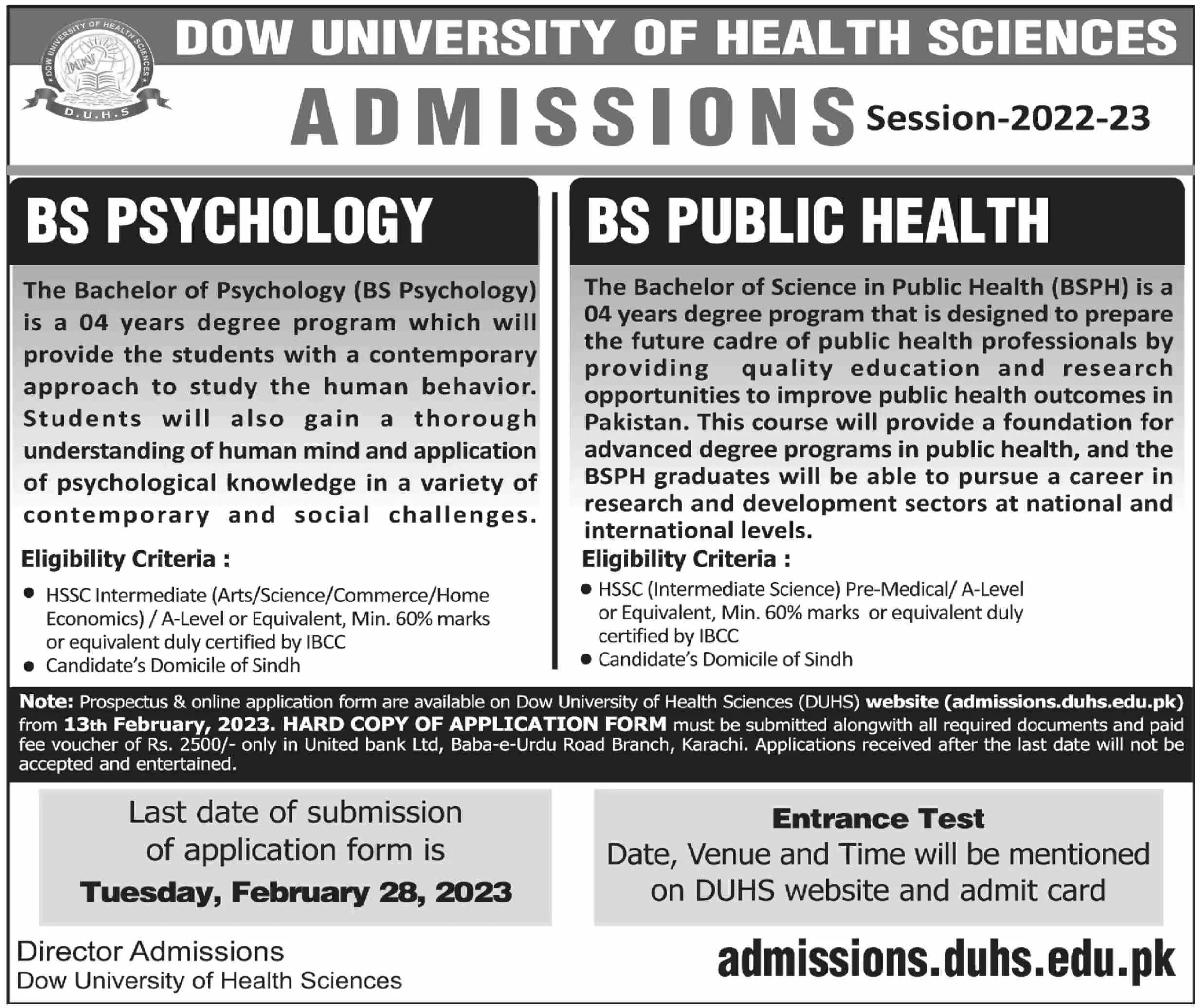 Dow University of Health Sciences Karachi Admissions 2023 Admissions 2023 — original advertisement