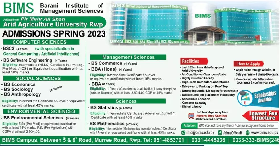 Pir Mehr Ali shah Arid Agriculture University Admission 2023 – Pir Mehr Ali Shah Arid Agriculture University Rawalpinid Admissions 2023 — original advertisement