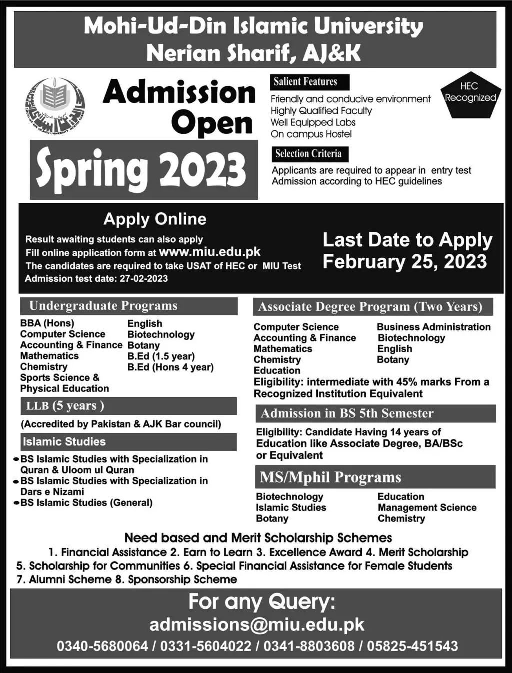 Mohi-ud-Din Islamic University Nerian Sharif Admissions – Mohi-ud-Din Islamic University Nerian Sharif AJK Admissions 2023 — original advertisement