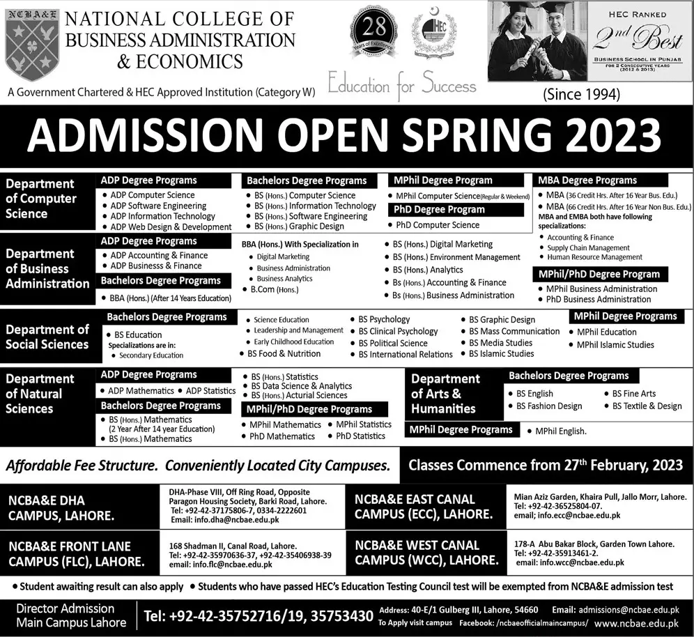 National College of Business Adminstration Admissions 2023 – National College of Business Administration & Economics Lahore Admissions 2023 — original advertisement
