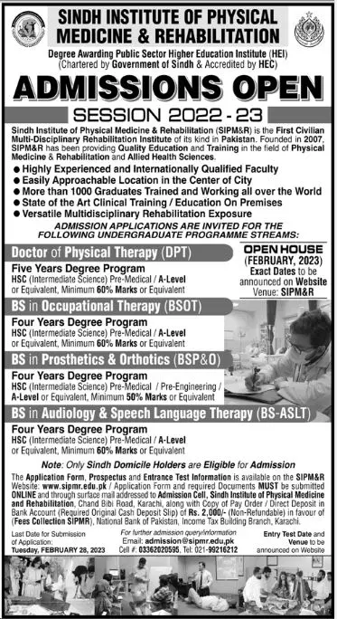 Sindh Institute of Physical Medicine Admissions 2023 – Sindh Institute of Physical Medicine and Rehabilitation Admissions 2023 — original advertisement