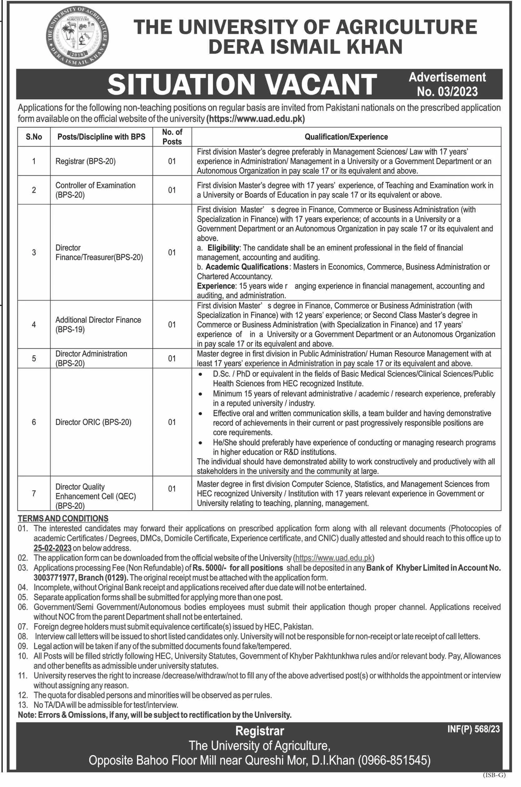 University of Agriculture Dera Ismail Khan Jobs 2023 Jobs 2023 — original advertisement