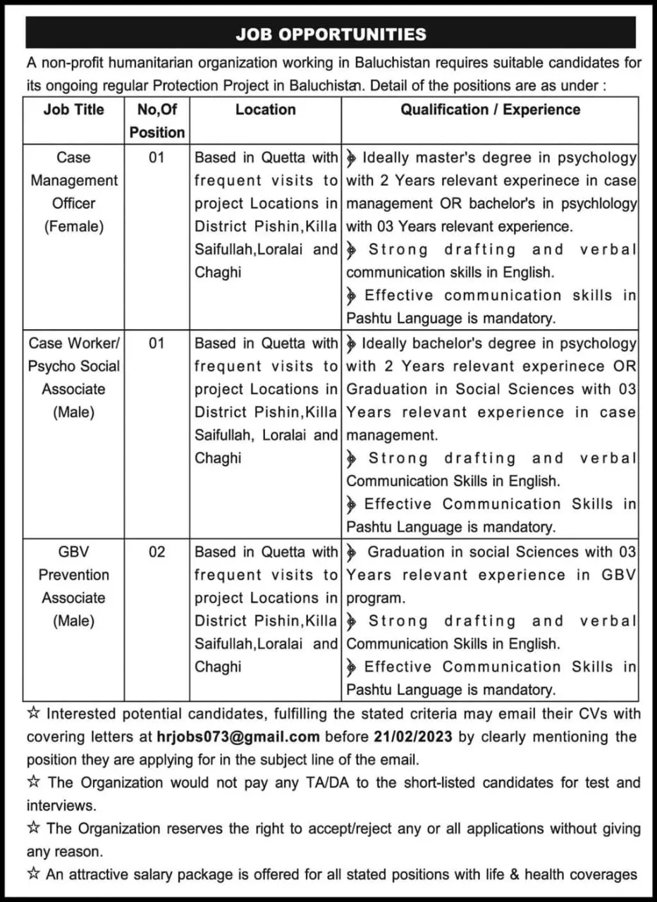 Non profit Humanitarian Organization Balochistan Jobs 2023 – Public Sector Organization Jobs 2023 — original advertisement