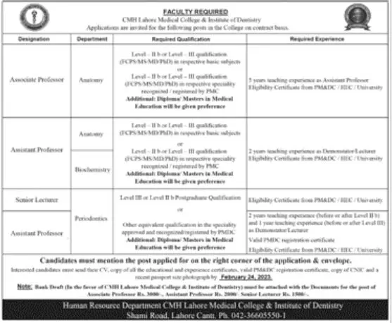 Faculty required at CMH Lahore Medical College 2023 Jobs 2023 — original advertisement
