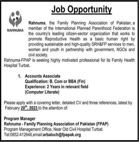 Family Planning Association Turbat Balochistan Jobs 2023 – Rahnuma Family Planning Association of Pakistan Jobs 2023 — original advertisement