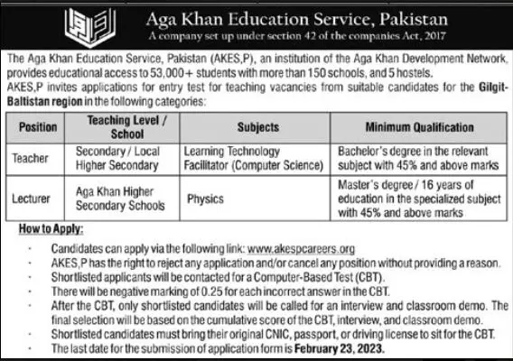 Aga Khan Education Services Gilgit Baltistan Jobs 2023 – Aga Khan Education Service Pakistan Jobs 2023 — original advertisement
