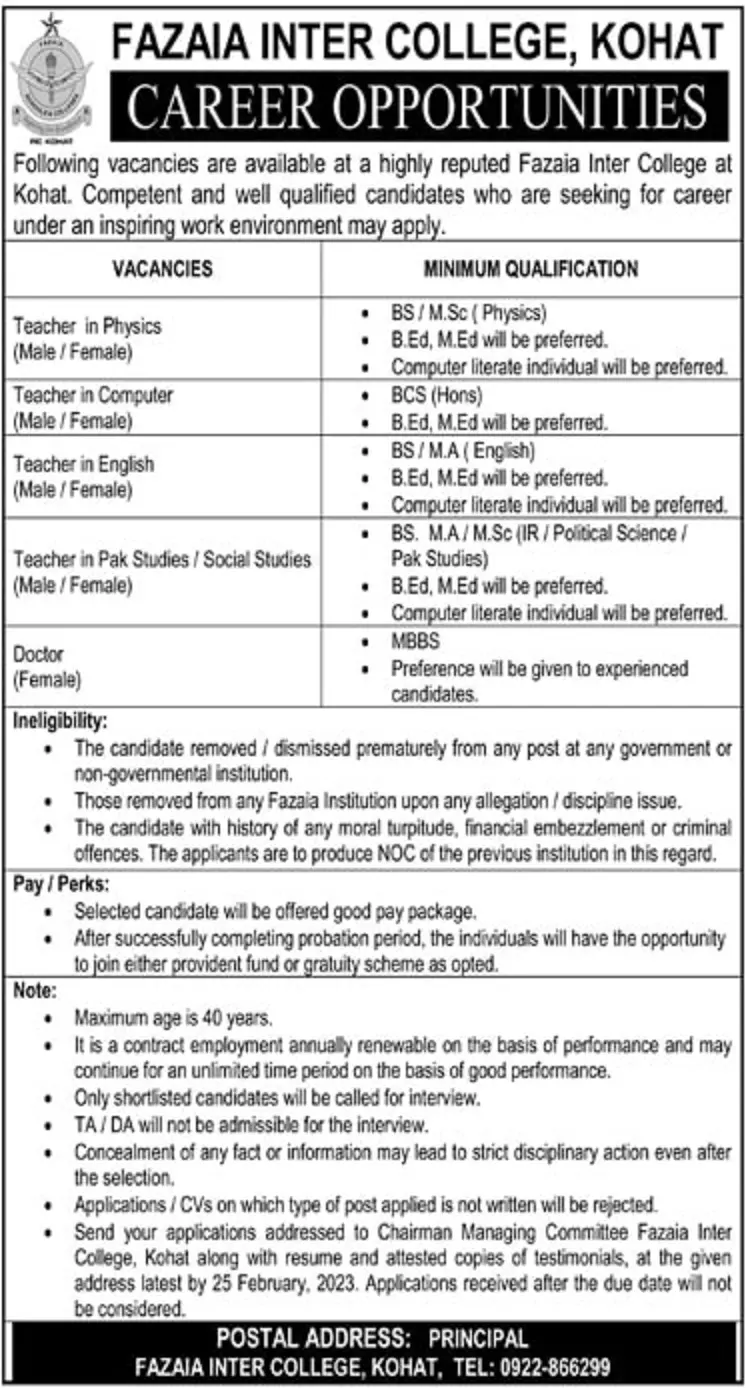 FAZAIA Inter College Kohat Jobs 2023 – Fazaia Schools & Colleges Jobs 2023 — original advertisement