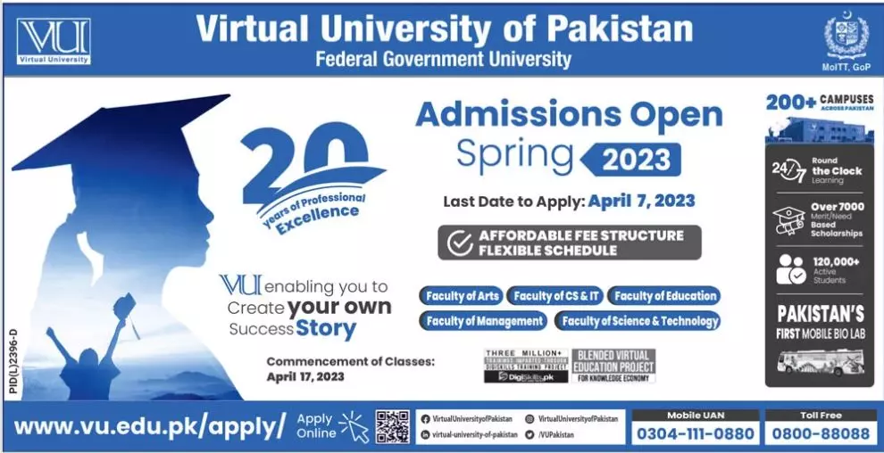 Virtual University of Pakistan Admissions 2022 Admissions 2023 — original advertisement