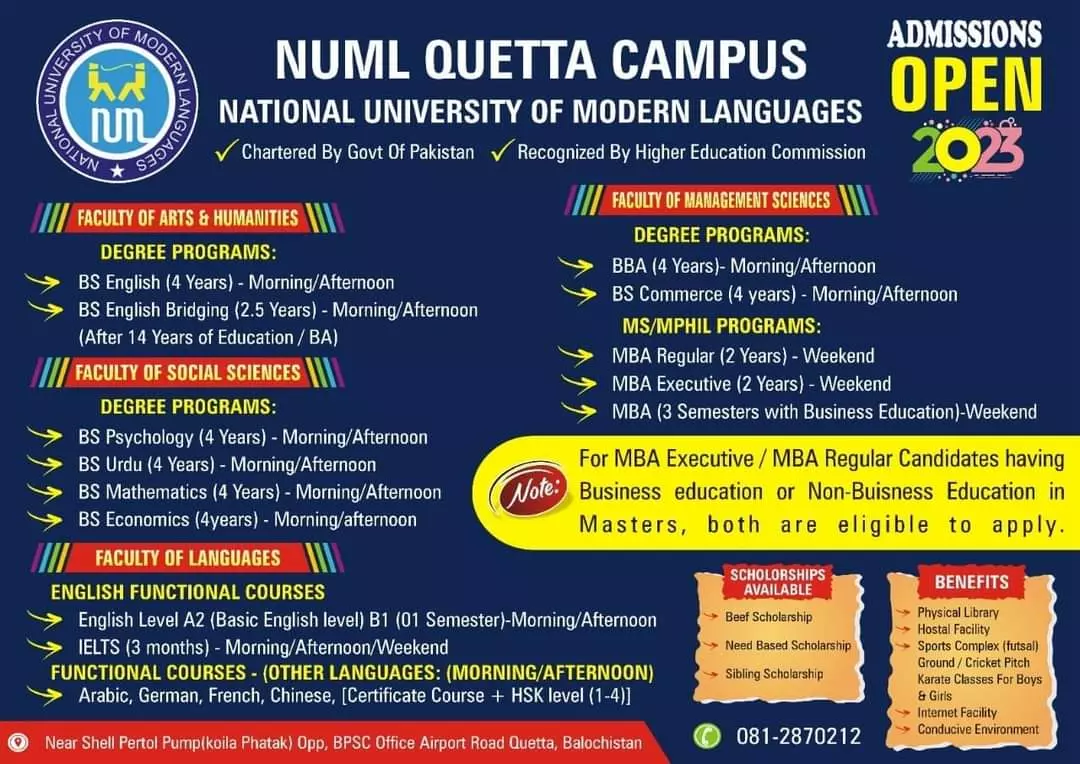 NUML University Quetta Campus admissions 2023 – National University of Modern Languages Islamabad Admissions 2023 — original advertisement