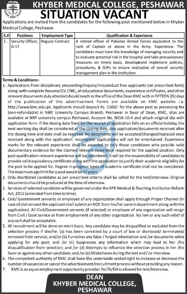 Khyber Medical College KMC Peshawar Jobs 2023 Jobs 2023 — original advertisement