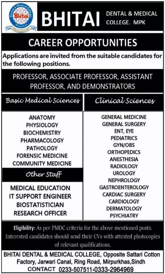 Bhitai Dental & Medical College MPK Jobs 2023 – Bahria University Medical & Dental College Karachi Jobs 2023 — original advertisement