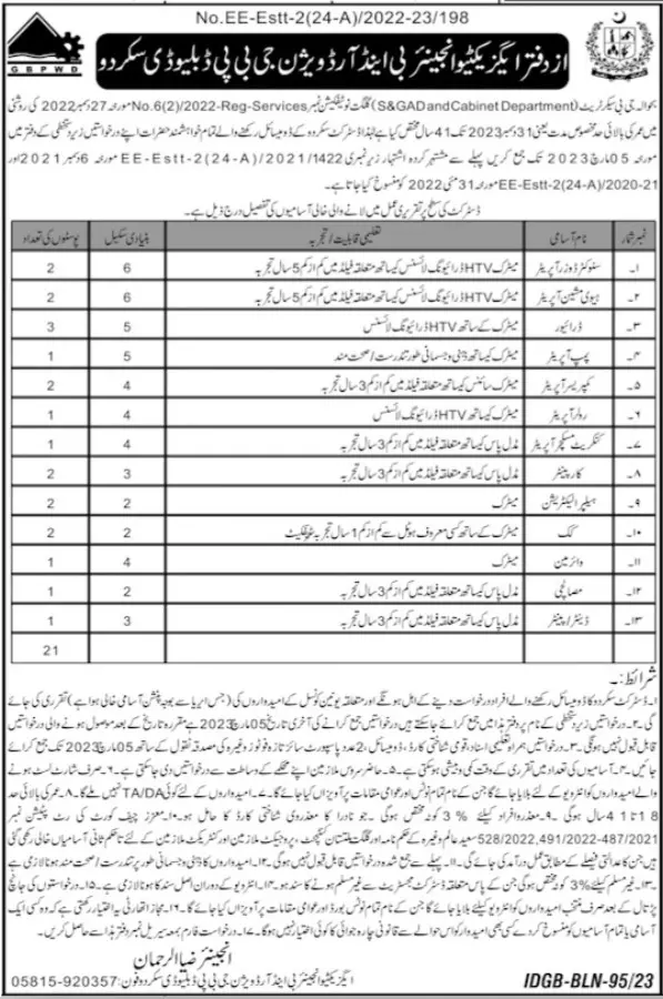 Works Department B&R Gilgit Baltistan Jobs 2023 – Government of Gilgit-Baltistan Jobs 2023 — original advertisement