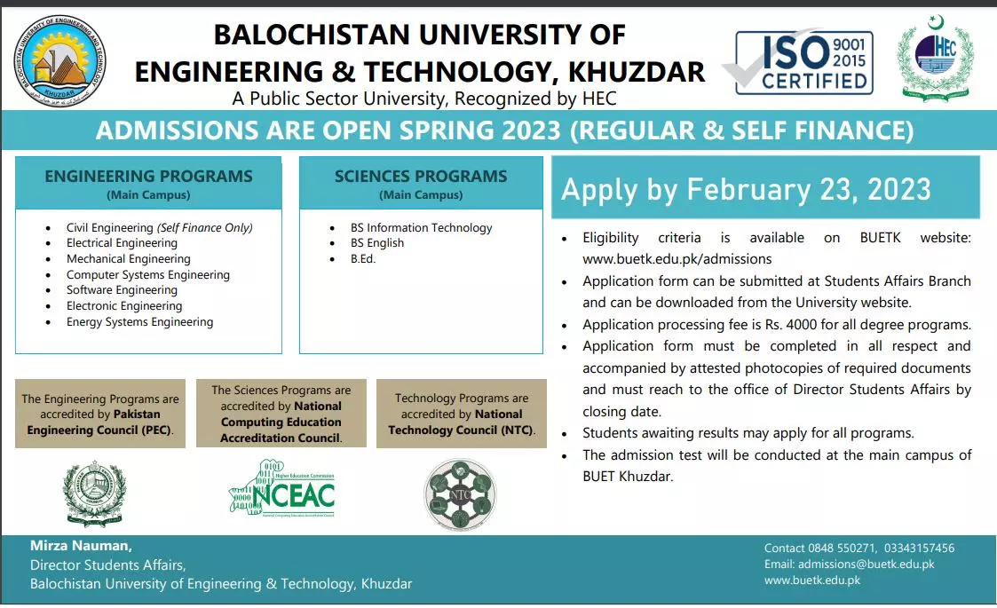 BUETK Khuzdar Admissions Spring 2023 – Balochistan University of Engineering and Technology BUETK Khuzdar Admissions 2023 — original advertisement