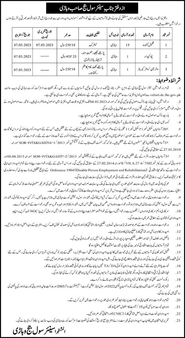 District & Session Court Vehari Jobs 2023 – District & Session Judge Jobs 2023 — original advertisement