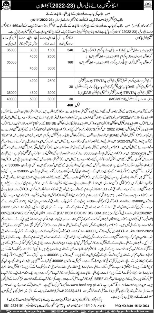 PEEF scholarship for the students of Balochistan 2023 – Punjab Educational Endowment Fund PEEF Scholarships 2023 — original advertisement