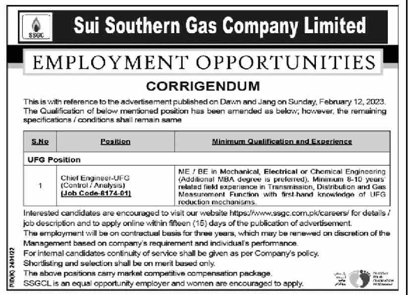 Sui Southern Gas Company Limited Jobs 2023 Jobs 2023 — original advertisement