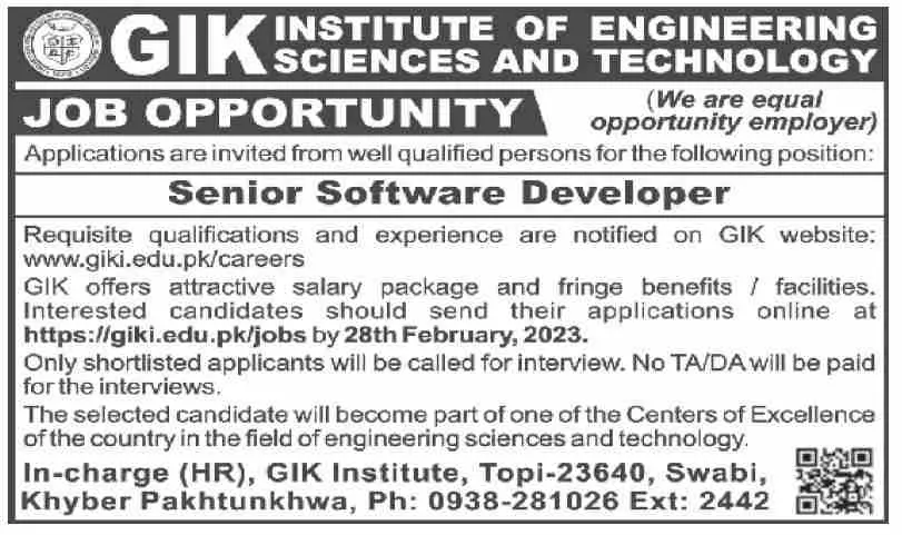 GIK institute of Engineering Sciences and technology Jobs – Ghulam Ishaq Khan GIK Institute of Engineering Sciences and Technology Swabi Jobs 2023 — original advertisement
