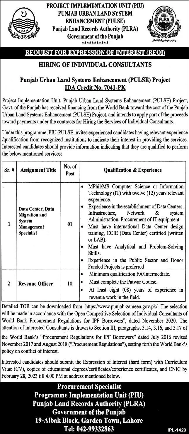 Punjab Land Record Authority PLRA Jobs 2023 – Punjab Land Records Authority Jobs 2023 — original advertisement