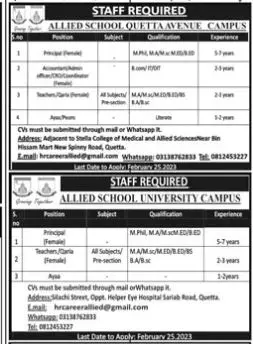 Allied School Quetta Avene Campus Jobs 2023 – Allied School System Jobs 2023 — original advertisement
