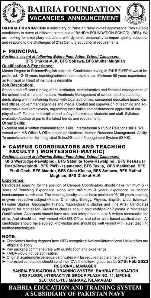 Bahria Foundation Islamabad Jobs 2023 Jobs 2023 — original advertisement