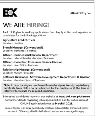 Bank of Khyber Jobs 2023 Jobs 2023 — original advertisement