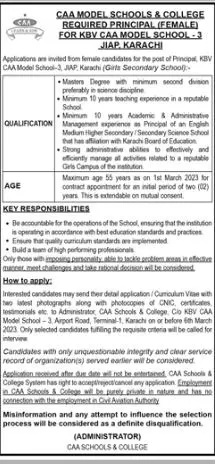 CAA Model Schools & College JIAP karachi Jobs 2023 Jobs 2023 — original advertisement