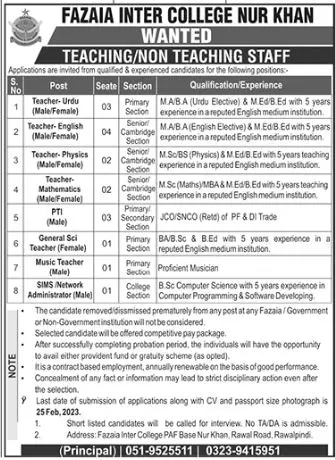 Fazaia Inter College NUR khan Rawalpindi Jobs 2023 – Fazaia Schools & Colleges Jobs 2023 — original advertisement