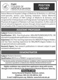 Fatima Momerial Hospital Lahore Jobs 2023 – Fatima Memorial Hospital (Fmh) Lahore Jobs 2023 — original advertisement