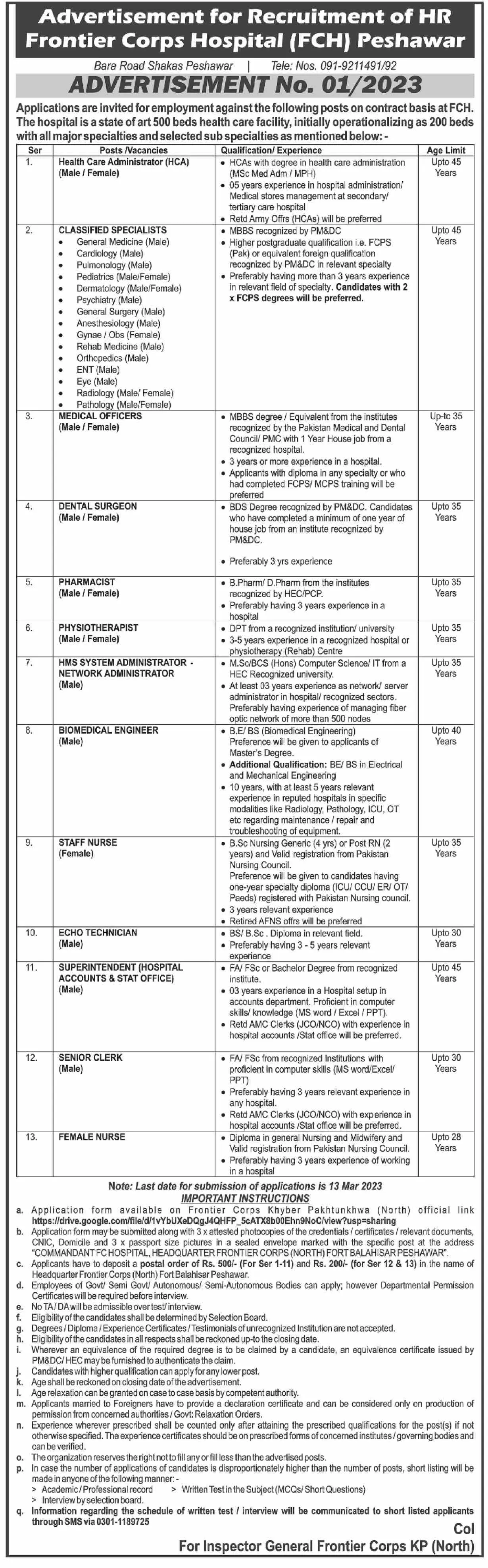 Frontier Crops Hospital Fch Peshawar Jobs 2023 Jobs 2023 — original advertisement