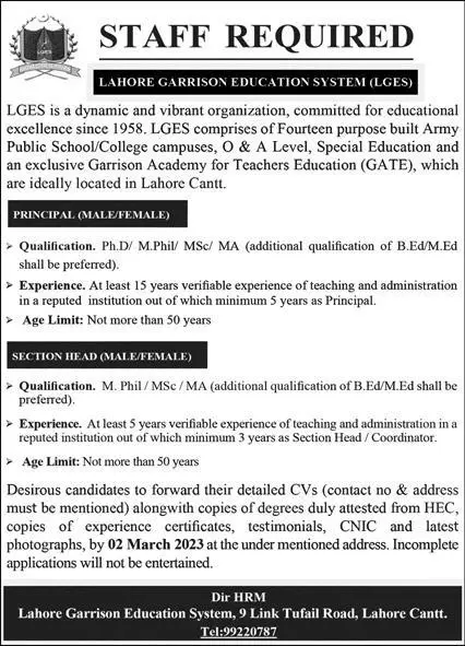 Lahore Garison Education System LEGS Jobs 2023 – Federal Govt Educational Institutes Cantts and Garrisons Jobs 2023 — original advertisement