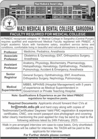 Niazi Medical & Dental College Sargodha Jobs 2023 – Niazi Medical and Dental College Sargodha Jobs 2023 — original advertisement