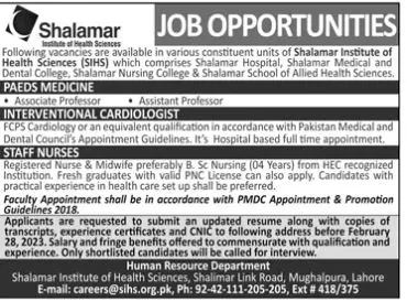 Shalamar institue of Health Science Jobs 2023 – Shalamar institute of health sciences Jobs 2023 — original advertisement