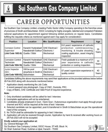 Sui Southern Gas Company SSGC Jobs 2023 – Sui Southern Gas Company Limited Jobs 2023 — original advertisement