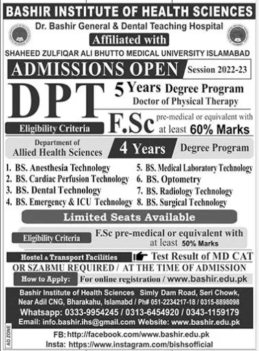Bashir Institute of Health Sciences Islamabad admissions Admissions 2023 — original advertisement