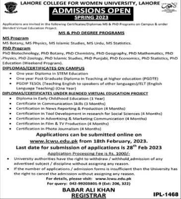 Lahore College for Women University Lahore Admissions 2023 – Lahore Garrison University Admissions 2023 — original advertisement